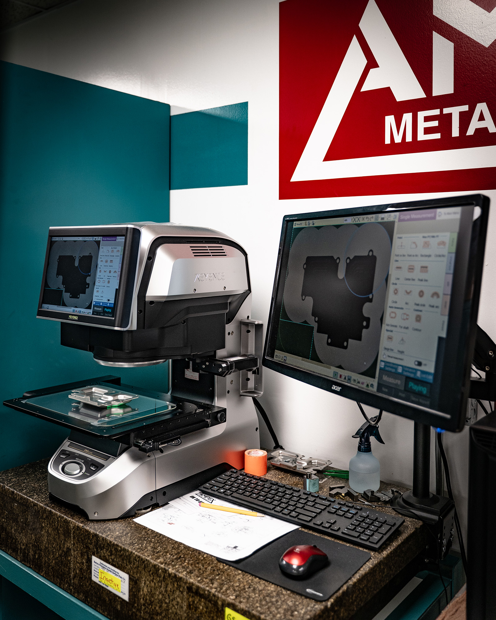 Keyence vision system for measuring parts through imaging. it takes points on different heights of the part and make a 3d rendering has a probing feature to get heights on different dimensions. ensures parts are in spec.